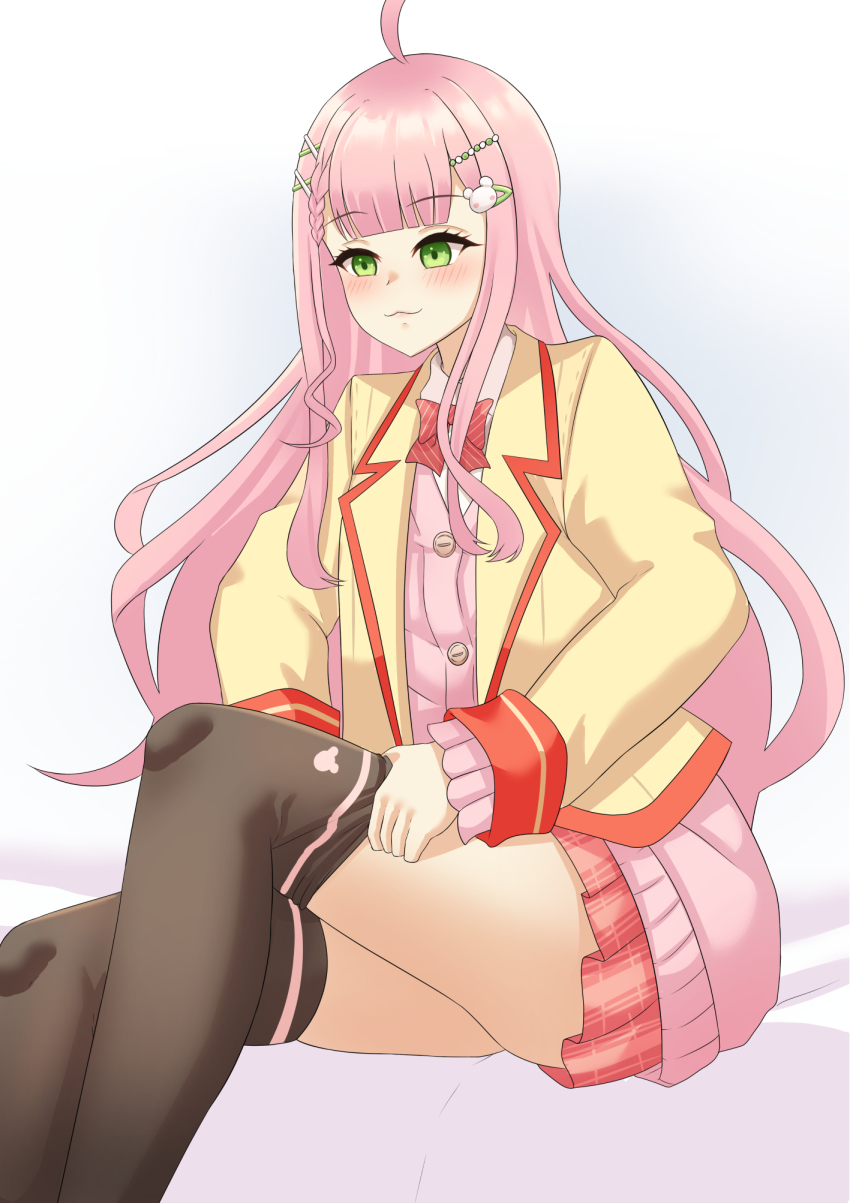 1girl :3 ahoge black_thighhighs blazer blush bow bowtie braid closed_mouth collared_shirt commentary english_commentary eyelashes green_eyes hair_ornament hairclip highres jacket lapels lips long_hair long_sleeves momoko_nuihara nexas_(vtuber) notched_lapels open_clothes open_jacket pink_hair pink_sweater plaid_clothes plaid_skirt pleated_skirt puffywaffles red_bow red_bowtie red_skirt shirt sitting skirt sleeves_past_wrists solo striped_bow striped_bowtie striped_clothes sweater thighhighs virtual_youtuber white_shirt x_hair_ornament yellow_jacket