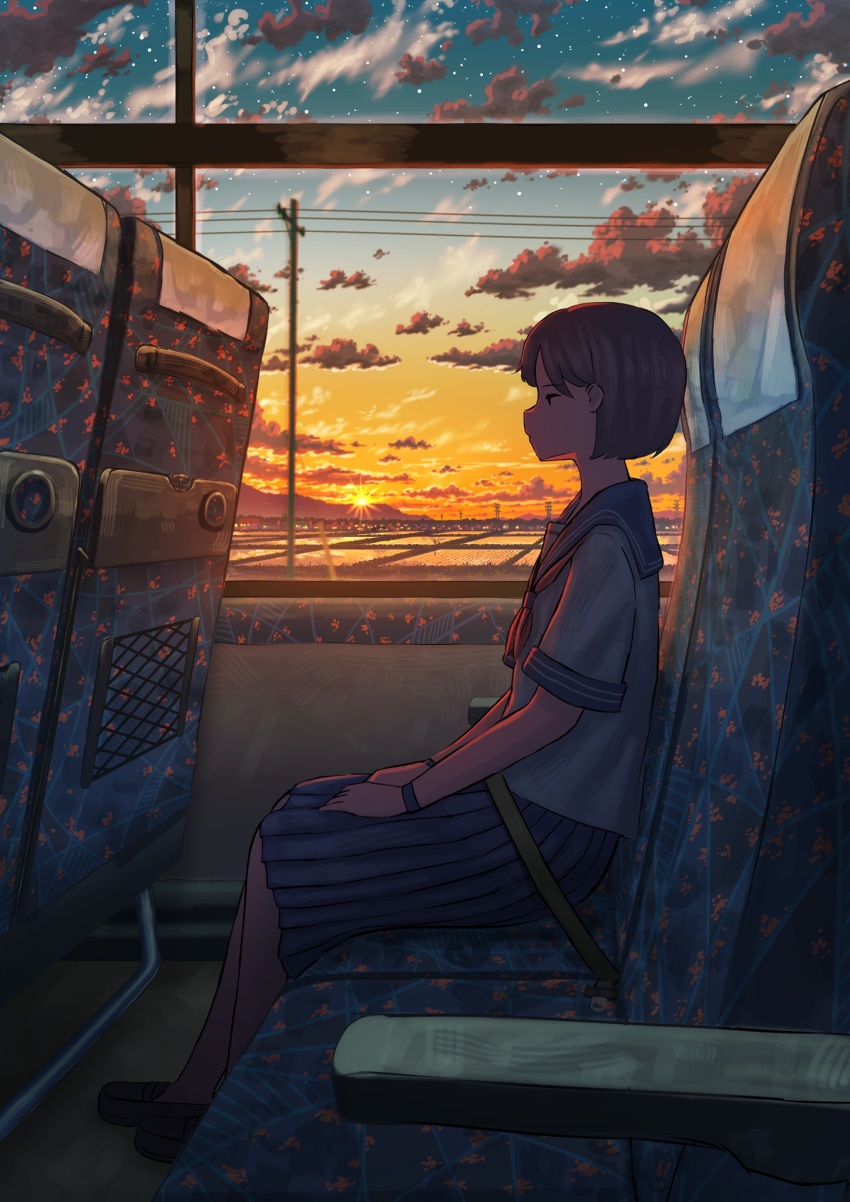 1girl armrest blue_sailor_collar blue_skirt blue_sky bored brown_hair brown_shoes chair closed_mouth cloud commentary_request evening expressionless from_side full_body gradient_sky hair_behind_ear hands_on_lap highres hill jitome legs_together looking_ahead medium_skirt mountainous_horizon neckerchief no_sclera no_socks on_chair orange_sky original pasoputi pleated_skirt profile red_neckerchief reflection reflective_water rice_paddy sailor_collar school_uniform seatbelt serafuku shirt shoes short_hair sidelighting sitting skirt sky solid_oval_eyes solo star_(sky) sunset town train_interior utility_pole white_shirt window wristband