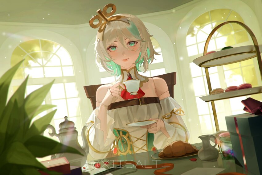 1girl ascot belt blurry blurry_background blurry_foreground blush box braid breasts brown_belt cecilia_immergreen cecilia_immergreen_(1st_costume) chest_belt classic_lolita closed_mouth colored_inner_hair commentary corset croissant cup detached_collar detached_sleeves doll doll_joints double-parted_bangs english_commentary eyeshadow flower food frilled_sleeves frills gears gift gift_box green_corset green_eyes green_hair hair_between_eyes highres holding holding_cup holding_plate holojustice hololive hololive_english indoors joints key_hair_ornament light_particles lolita_fashion long_sleeves looking_at_viewer macaron makeup multicolored_hair on_chair pen plant plate puffy_long_sleeves puffy_sleeves red_ascot red_brooch red_eyeshadow red_flower red_petals red_ribbon red_rose reflective_surface ribbon rose see-through_clothes see-through_sleeves short_hair side_braid sitting small_breasts smile solo sparkle strapless_romper sunlight sweets teapot twitter_username two-tone_hair upper_body virtual_youtuber white_hair white_romper wide_sleeves winding_key window xiisalt
