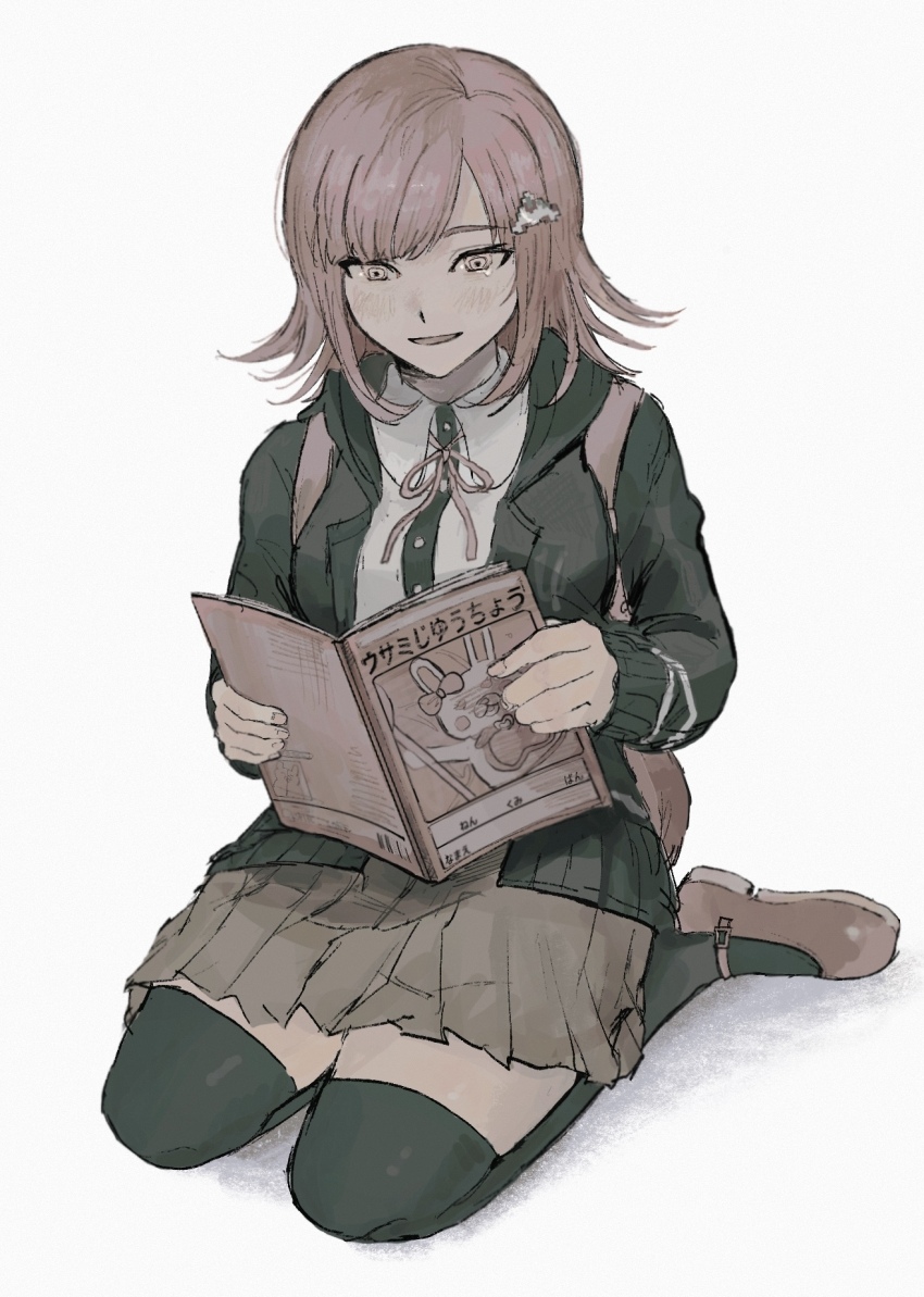 1girl blush book breasts brown_hair collared_shirt danganronpa_(series) danganronpa_2:_goodbye_despair flipped_hair galaga hair_ornament highres holding holding_book hood jacket long_sleeves looking_at_viewer medium_hair nanami_chiaki neck_ribbon open_clothes open_jacket pink_eyes pink_ribbon pleated_skirt ribbon sema_(vivaviva_02) shirt simple_background skirt smile solo thighhighs white_background white_shirt