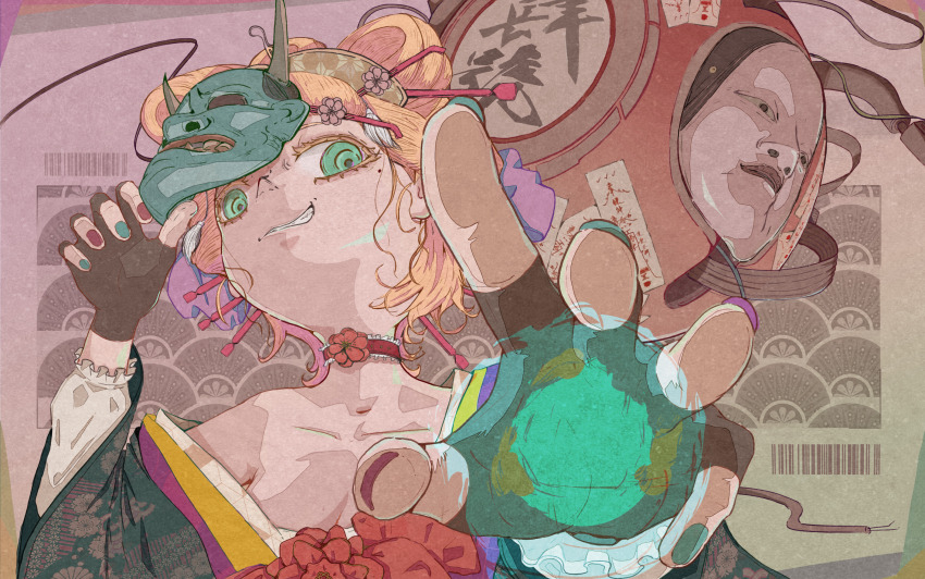 1girl aqua_eyes aqua_mask aqua_nails black_gloves blonde_hair choker clothing_request fingerless_gloves fingernails flower flower_choker frilled_choker frills gloves hannya highres holding holding_mask looking_at_viewer mask mask_on_head multicolored_nails noh_mask noka_works original purple_nails reaching reaching_towards_viewer red_choker red_flower red_nails smirk solo teeth upper_body