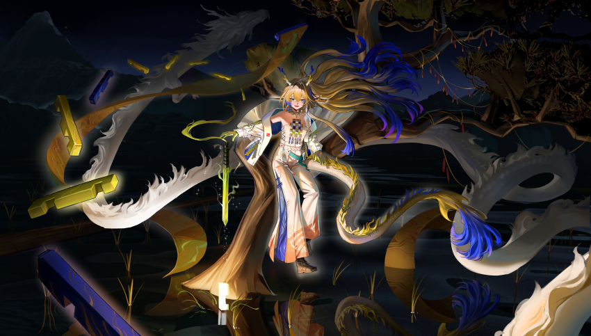 1girl absurdres arknights bare_shoulders beads belt blonde_hair blue_hair colored_extremities commentary dragon dragon_girl dragon_horns dragon_tail earrings eastern_dragon floating floating_object floating_sword floating_weapon full_body green_eyes hair_intakes highres horns jacket jewelry long_hair long_sleeves looking_at_viewer magic multicolored_hair necklace night off_shoulder open_mouth outdoors pants pink_hair plant pointy_ears reflection reflective_water shu_(arknights) smile solo sparkle strapless sword tail the_horse. tube_top very_long_hair water weapon white_belt white_jacket white_pants white_tube_top
