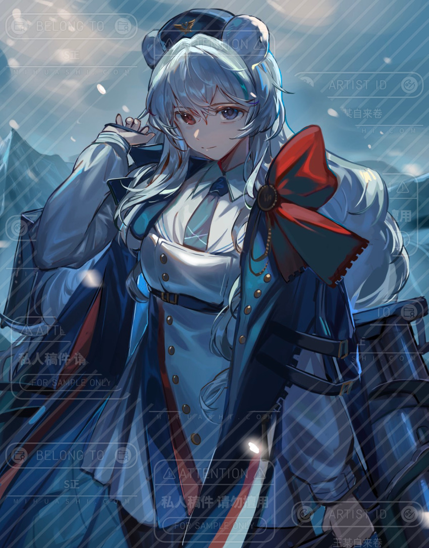 1girl animal_ears arknights arm_up bag bear_ears belt blue_eyes blue_jacket blue_necktie bow buttons chest_belt chinese_commentary cloud cloudy_sky collared_dress commentary day dot_nose dress grey_hair hair_between_eyes hair_intakes heterochromia high_belt highres holding holding_bag jacket large_bow long_hair looking_at_viewer necktie outdoors red_bow red_eyes rosa_(arknights) sidelocks sky smile snowing solo too_many_watermarks unzipped ursus_empire_logo wangmou_zilaojuan watermark white_dress