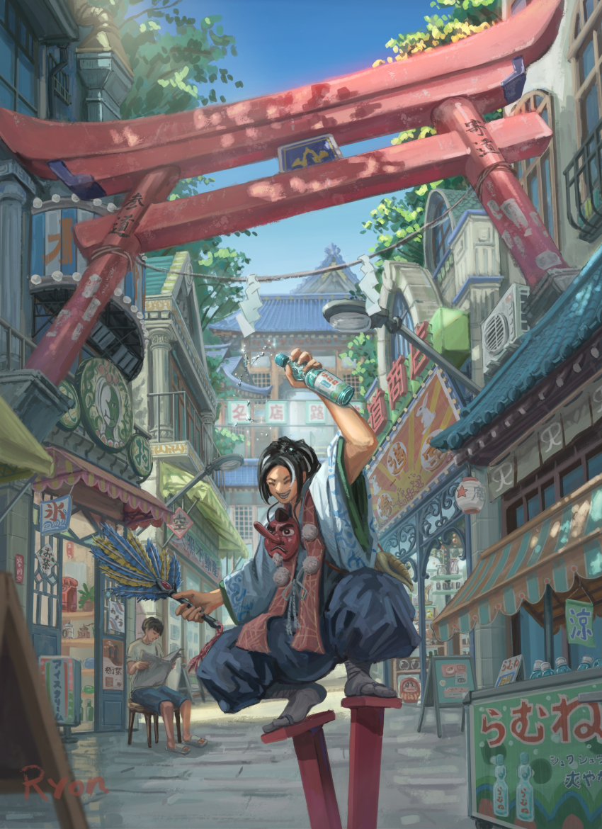 2boys absurdres air_conditioner artist_name black_hair blue_pants bottle cityscape geta grey_socks hand_fan highres holding holding_bottle holding_fan holding_newspaper lantern male_focus mask multiple_boys newspaper oni_mask original pants paper_lantern pom_pom_(clothes) reading road ryon40716441 shirt smile socks street tengu-geta torii town water_bottle white_shirt wide_sleeves