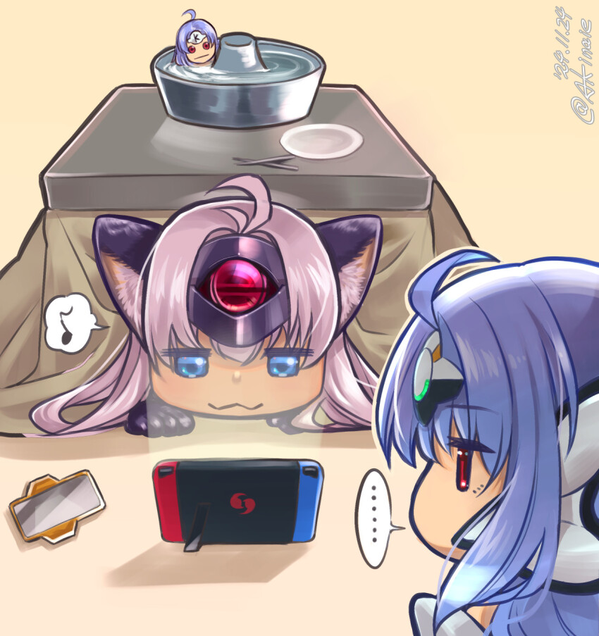 ... 2girls :3 ahoge akinaie animal_ear_fluff animal_ears artist_name blue_eyes cat_ears cat_girl closed_mouth commentary_request dark-skinned_female dark_skin dated highres jitome kemonomimi_mode kos-mos kos-mos_ver._4 kotatsu long_hair multiple_girls musical_note nintendo_switch pink_hair red_eyes smile spoken_ellipsis spoken_musical_note t-elos t-elos_re: table xenoblade_chronicles_(series) xenoblade_chronicles_2 xenosaga xenosaga_episode_iii