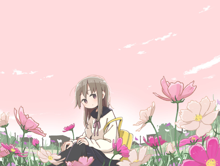 1girl backpack bag brown_eyes brown_hair east_sha2 field flower flower_field hands_on_own_knees highres long_hair neck_ribbon original pantyhose pink_flower pink_sky ribbon school_uniform sitting skirt sky solo white_flower yellow_bag