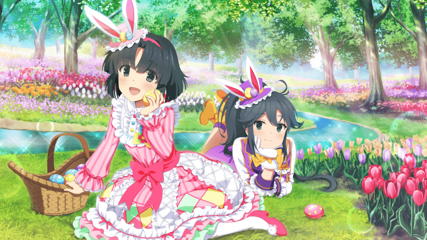 2girls :d animal_ears basket black_hair blush boots bow closed_mouth day dress easter easter_egg egg fake_animal_ears field flower flower_field frilled_dress frilled_sleeves frills game_cg gloves grass hairband hat high_heels holding holding_egg long_hair long_sleeves looking_at_viewer lying mini_hat multiple_girls musumi_kiyoka non-web_source official_art on_ground on_stomach open_mouth orange_boots outdoors pantyhose parted_bangs pink_dress pink_shoes ponytail purple_dress rabbit_ears river shoes short_hair sitting smile tilted_headwear toji_no_miko toji_no_miko:_kizamishi_issen_no_tomoshibi tree tulip twintails very_long_hair white_gloves white_pantyhose yamashiro_yui