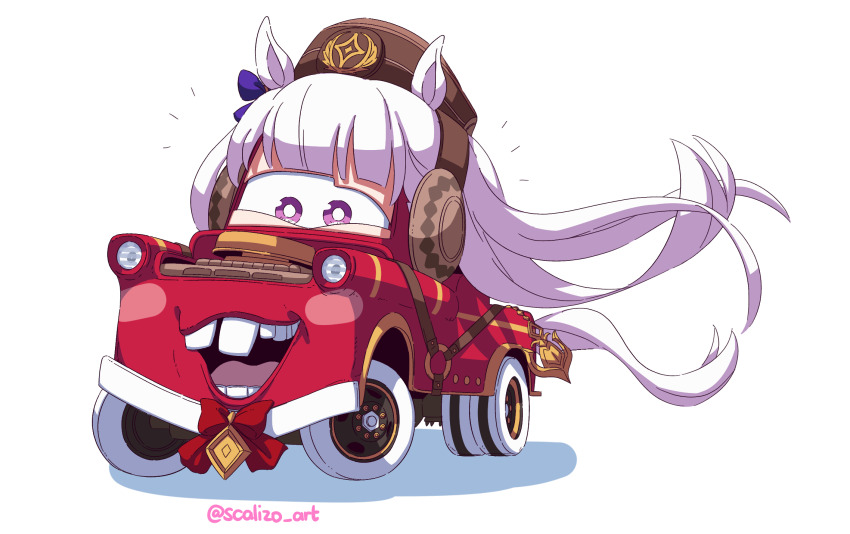 :d anchor animal_ears artist_name blunt_bangs blush_stickers bow bowtie bright_pupils brown_hat buck_teeth cars_(movie) commentary crossover drop_shadow english_commentary fusion gold_ship_(umamusume) hair_bow hat highres horse_ears horse_tail long_hair looking_at_viewer motor_vehicle no_car_hood notice_lines objectification open_mouth pillbox_hat purple_bow purple_eyes red_bow red_bowtie scalizo simple_background smile solo tail teeth tow_mater tow_truck twitter_username umamusume vehicalization vehicle_focus wheel white_background white_hair white_pupils white_tail
