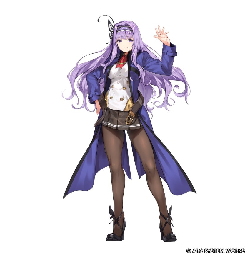 1girl arc_system_works belt blazblue blazblue_alternative:_dark_war breasts headband high_heels highres kajun_faycott long_hair neckerchief pantyhose pleated_skirt purple_eyes purple_hair skirt smile