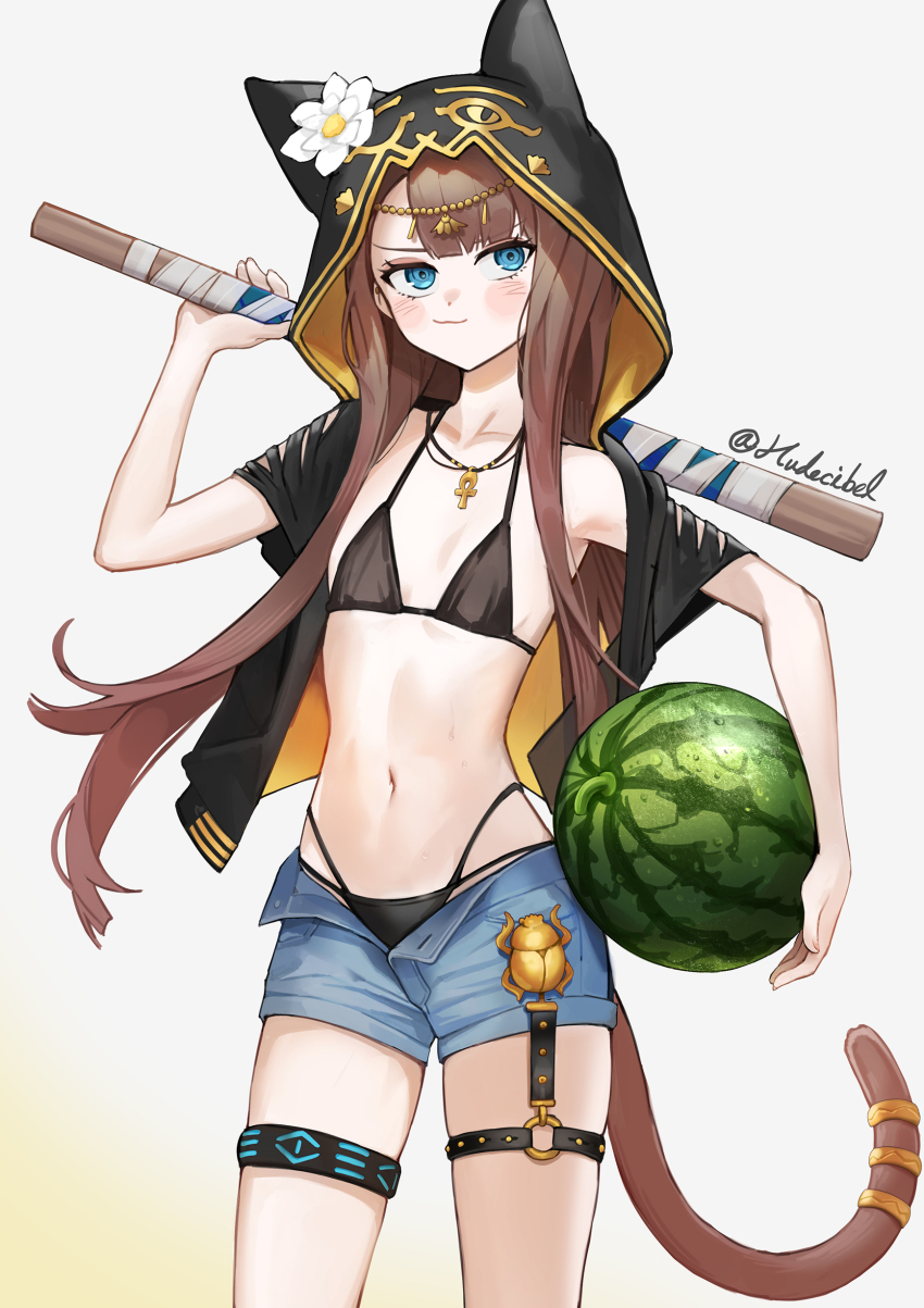 1girl absurdres animal_hood arknights beruko14 bikini black_bikini black_jacket blue_eyes blue_shorts brown_hair brown_tail cat_girl cat_hood denim denim_shorts flower food fruit garter_straps gradient_background grey_background highres holding holding_food holding_fruit holding_watermelon hood hood_up hooded_jacket infection_monitor_(arknights) jacket long_hair looking_at_viewer navel open_clothes open_fly open_jacket open_shorts pepe_(arknights) scarab short_shorts shorts solo swimsuit tail tail_ornament tail_ring twitter_username watermelon white_flower