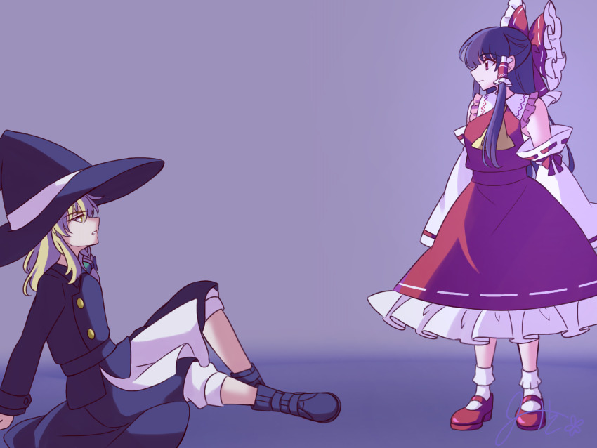 2girls apron are_you_my_master ascot black_hair black_veil blonde_hair bobby_socks bow braid closed_mouth detached_sleeves fate/stay_night fate_(series) frilled_bow frilled_hair_tubes frills green_bow hair_bow hair_tubes hakurei_reimu hat highres kirisame_marisa long_hair long_sleeves mary_janes mito_(fate) multiple_girls parody red_bow red_eyes red_footwear red_skirt ribbon-trimmed_skirt ribbon-trimmed_sleeves ribbon_trim shoes side_braid signature single_braid sitting skirt skirt_set socks touhou veil very_long_hair waist_apron white_socks witch_hat yellow_ascot yellow_eyes