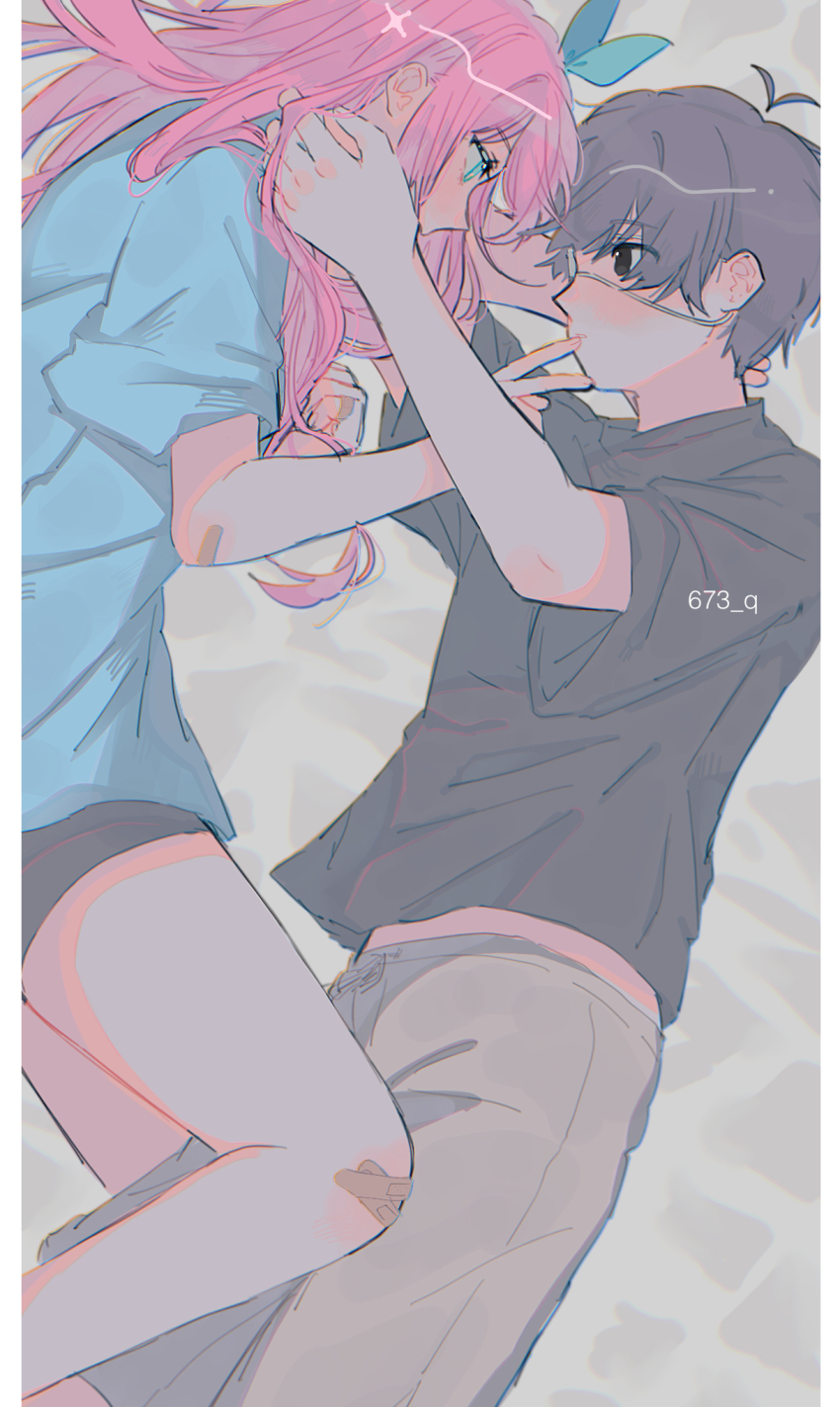 1boy 1girl 673_q aqua_bow aqua_eyes aubrey_(faraway)_(omori) aubrey_(omori) bandaid bandaid_on_arm bandaid_on_knee bandaid_on_leg beige_shorts black_eyes black_hair black_shirt blue_shirt blush bow commentary_request eyepatch hair_bow hetero highres long_hair omori on_bed pink_hair playing_with_another&#039;s_hair shirt short_hair sunny_(omori)