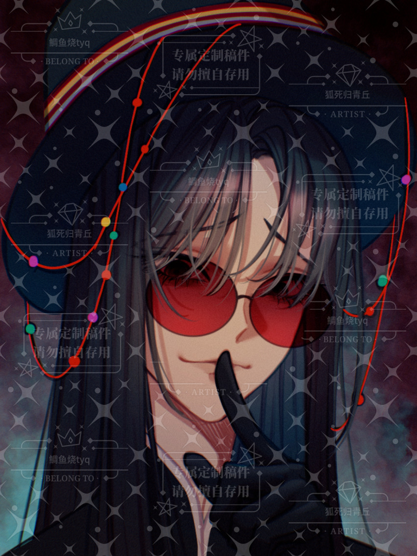 1boy artist_request black_eyes black_gloves black_hair black_hat black_shirt chinese_commentary closed_mouth commentary_request commission finger_to_mouth gloves hat highres huai_yunqing male_focus portrait red-tinted_eyewear round_eyewear shirt smile solo taiyakitaiyaki tinted_eyewear too_many_watermarks touqi_guaitan variant_set watermark