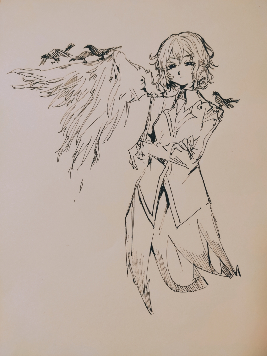 1girl absurdres breasts chinese_commentary closed_mouth collared_shirt commentary_request greyscale hair_between_eyes heinrich_(fernanderuddle) highres jacket kishin_sagume light_frown long_sleeves monochrome nib_pen_(medium) pen_(medium) shirt short_hair simple_background single_wing sketch small_breasts solo touhou traditional_media white_background wings