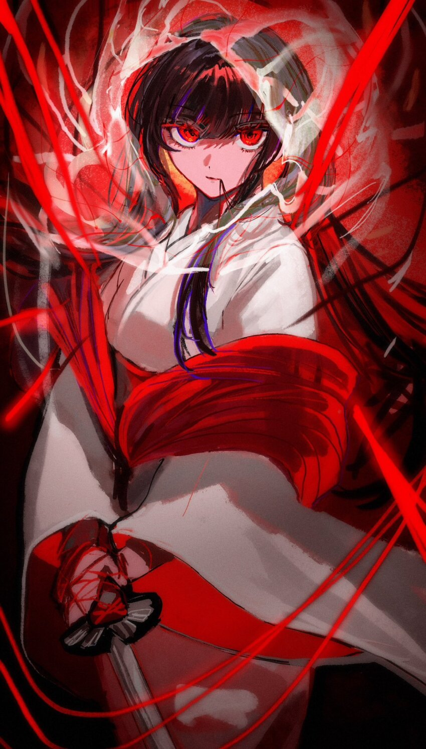 1girl black_hair e.g.o_(project_moon) hair_in_own_mouth highres holding holding_sword holding_weapon japanese_clothes katana kimono limbus_company long_hair long_sleeves looking_at_viewer obi project_moon red_eyes red_sash ryoshu_(project_moon) sash shiromuku solo sword uchikake very_long_hair weapon white_kimono wide_sleeves yuki_2_s