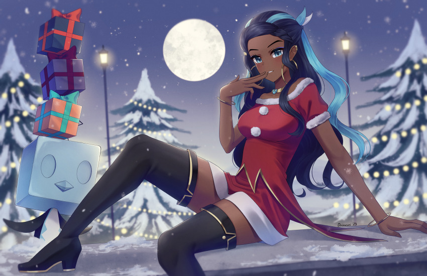 1girl 1other balancing_on_head black_footwear black_thighhighs boots box christmas_lights christmas_tree dark-skinned_female dark_skin doiparuni dress earrings eiscue eiscue_(ice) fur_trim gen_8_pokemon gift gift_box high_heel_boots high_heels highres hoop_earrings jewelry lamppost long_hair moon multicolored_hair nessa_(holiday_2021)_(pokemon) nessa_(pokemon) night nintendo official_alternate_costume pokemon pokemon_(creature) pokemon_masters_ex santa_costume santa_dress sitting smile snow snowing thigh_boots thighhighs two-tone_hair wavy_hair