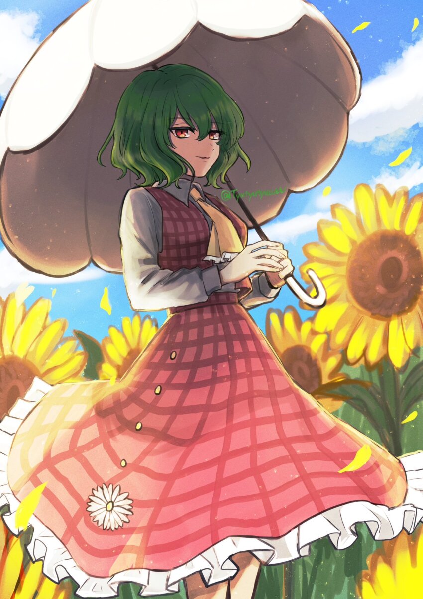 1girl artist_name ascot blue_sky breasts buttons cloud cloudy_sky collared_shirt commentary_request cowboy_shot day field flower flower_field frills green_hair hair_between_eyes hands_up highres holding holding_umbrella kazami_yuuka long_sleeves looking_at_viewer medium_breasts open_clothes open_mouth open_vest outdoors petals plaid_clothes plaid_skirt plaid_vest puffy_long_sleeves puffy_sleeves red_eyes red_skirt red_vest shiori_(hpug2828) shirt short_hair skirt sky smile solo standing sunflower touhou umbrella vest wavy_hair white_flower white_shirt yellow_ascot yellow_flower