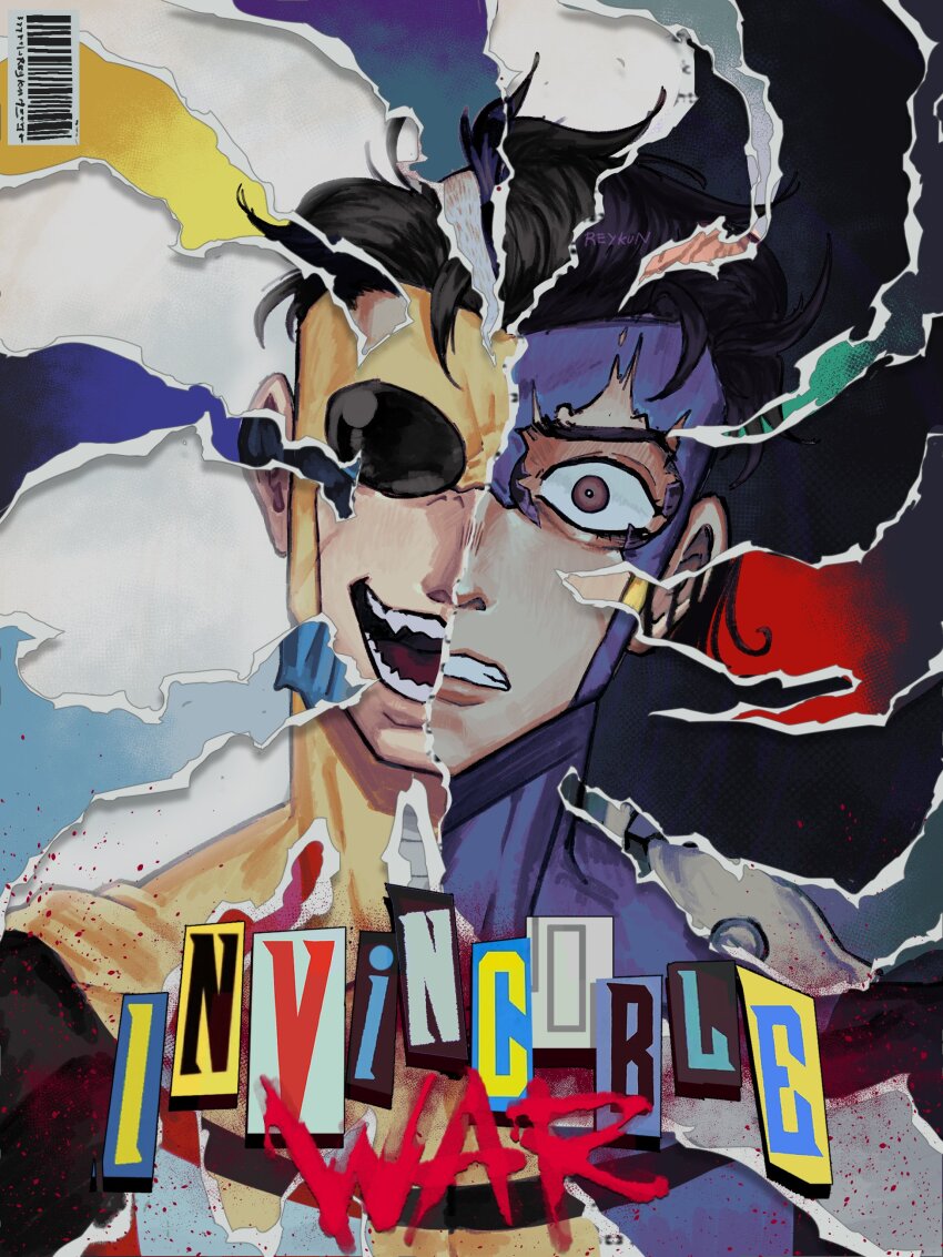 1boy absurdres artist_name barcode black_hair broken_goggles close-up comic_cover commentary english_commentary english_text goggles highres invincible_(series) looking_at_viewer mark_grayson page_tear revealing_layer reykn scared sinister_mark smile superhero_costume