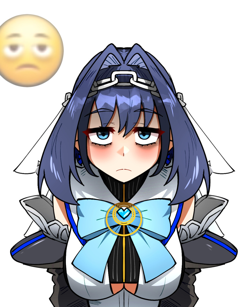 1girl bags_under_eyes black_hair black_sleeves blue_eyes blue_gemstone blue_ribbon breasts chain chain_headband closed_mouth clothing_cutout commentary ddolbang detached_sleeves emoji frown gem heart-shaped_gem highres hololive hololive_english large_breasts looking_at_viewer medium_hair ouro_kronii ouro_kronii_(1st_costume) reference_inset ribbon shirt solo transparent_background underboob_cutout veil virtual_youtuber white_shirt
