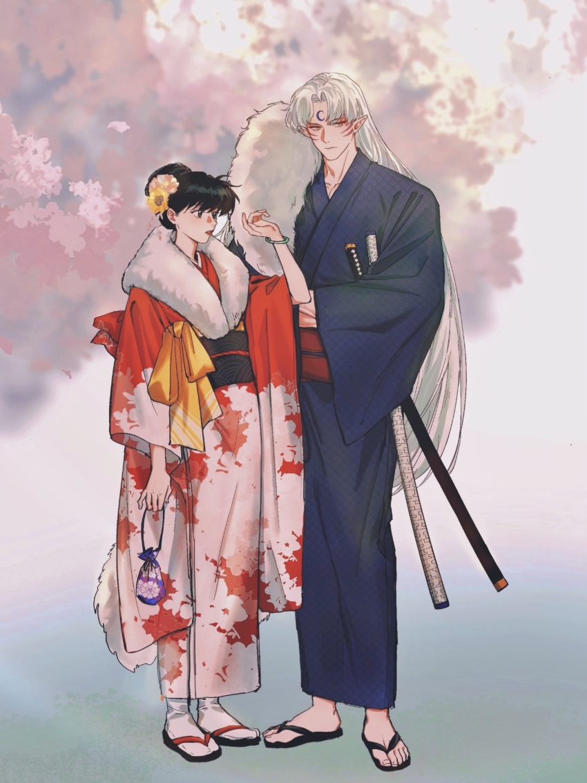 1boy 1girl absurdres amber_december bakusaiga_(sword) black_hair blue_kimono bracelet cherry_blossoms commentary crescent crescent_facial_mark facial_mark flower forehead_mark full_body fur_shawl hair_bun hair_flower hair_ornament highres inuyasha japanese_clothes jewelry kimono lipstick long_hair long_sleeves makeup pointy_ears red_lips red_sash rin_(inuyasha) sandals sash sesshoumaru shawl standing sword tabi tenseiga_(sword) weapon white_hair wide_sleeves