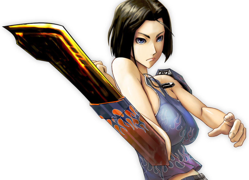 1girl black_hair blue_eyes breasts female_focus fire gauntlets gender_request genderswap jewelry large_breasts mecha_musume navel necklace optimus_prime personification saran_wrap_(sf_seijin) short_hair solo sword tank_top transformers weapon wrist_blade