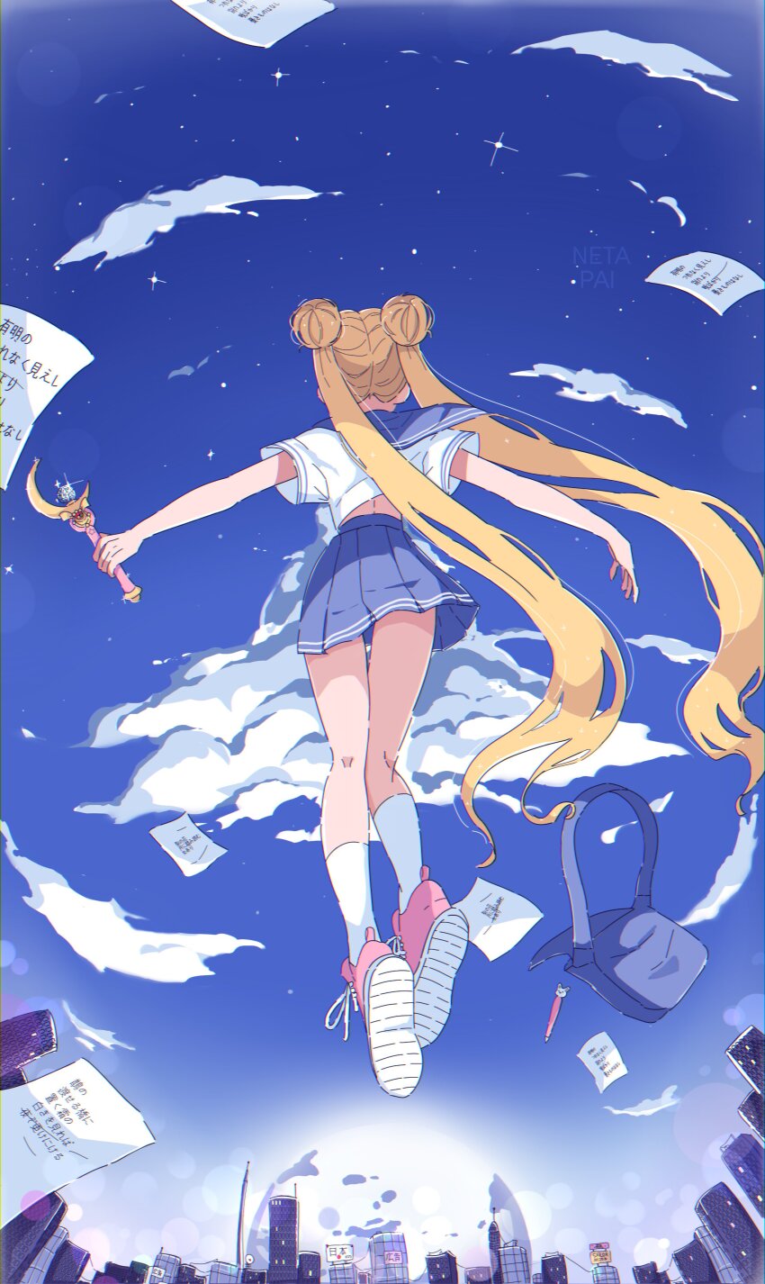 1girl absurdres bag bishoujo_senshi_sailor_moon bishoujo_senshi_sailor_moon_(first_season) blonde_hair blue_skirt cityscape cloud double_bun facing_away fisheye floating floating_object from_behind from_below full_body hair_bun highres holding holding_wand long_hair maboroshi_no_ginzuishou moon_stick_(sailor_moon) netapai1 outdoors outstretched_arms paper perspective pink_shoes pleated_skirt shoe_soles shoes short_sleeves skirt sky socks solo tsukino_usagi twintails unworn_bag very_long_hair wand white_socks