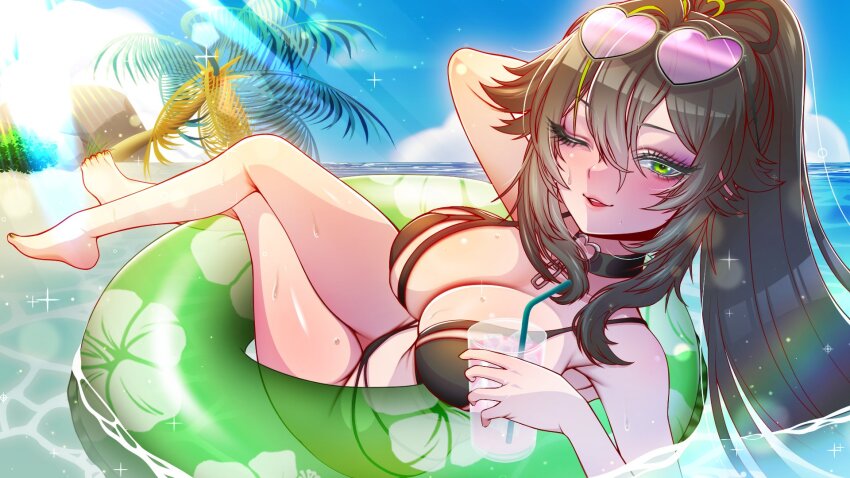 1a1acthulhu 1girl bikini black_bikini breasts choker cleavage cloud cup drinking_straw eyelashes green_eyes green_hair hair_between_eyes heart heart-shaped_eyewear heart_choker heart_o-ring highres holding holding_cup indie_virtual_youtuber innertube large_breasts long_hair multicolored_hair nail_polish nocturnalnerves o-ring o-ring_choker ocean one_eye_closed palm_tree parted_lips second-party_source sky solo streaked_hair sunglasses swim_ring swimsuit toenail_polish toenails tree virtual_youtuber wet yellow_nails