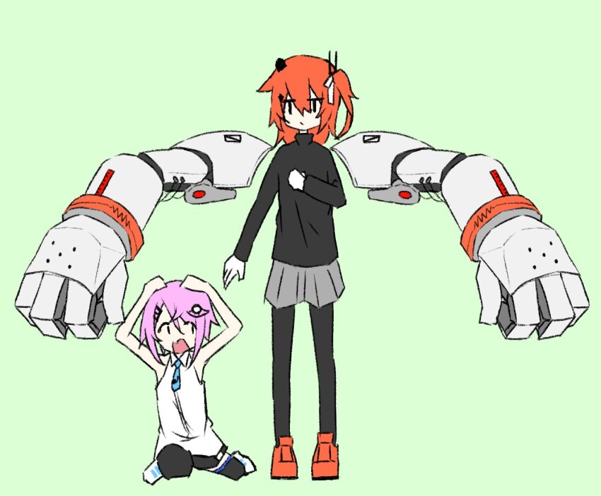 2girls a.i._voice adachi_rei arms_up black_leggings black_shirt cevio covering_head dress extra_arms fee_(cevio) full_body green_background grey_shorts hair_ornament kinazuki leggings long_sleeves mechanical_arms medium_hair multiple_girls no_jacket one_side_up open_mouth orange_hair orange_shoes pink_hair scared shirt shoes shorts simple_background sitting sleeveless sleeveless_dress standing utau white_dress