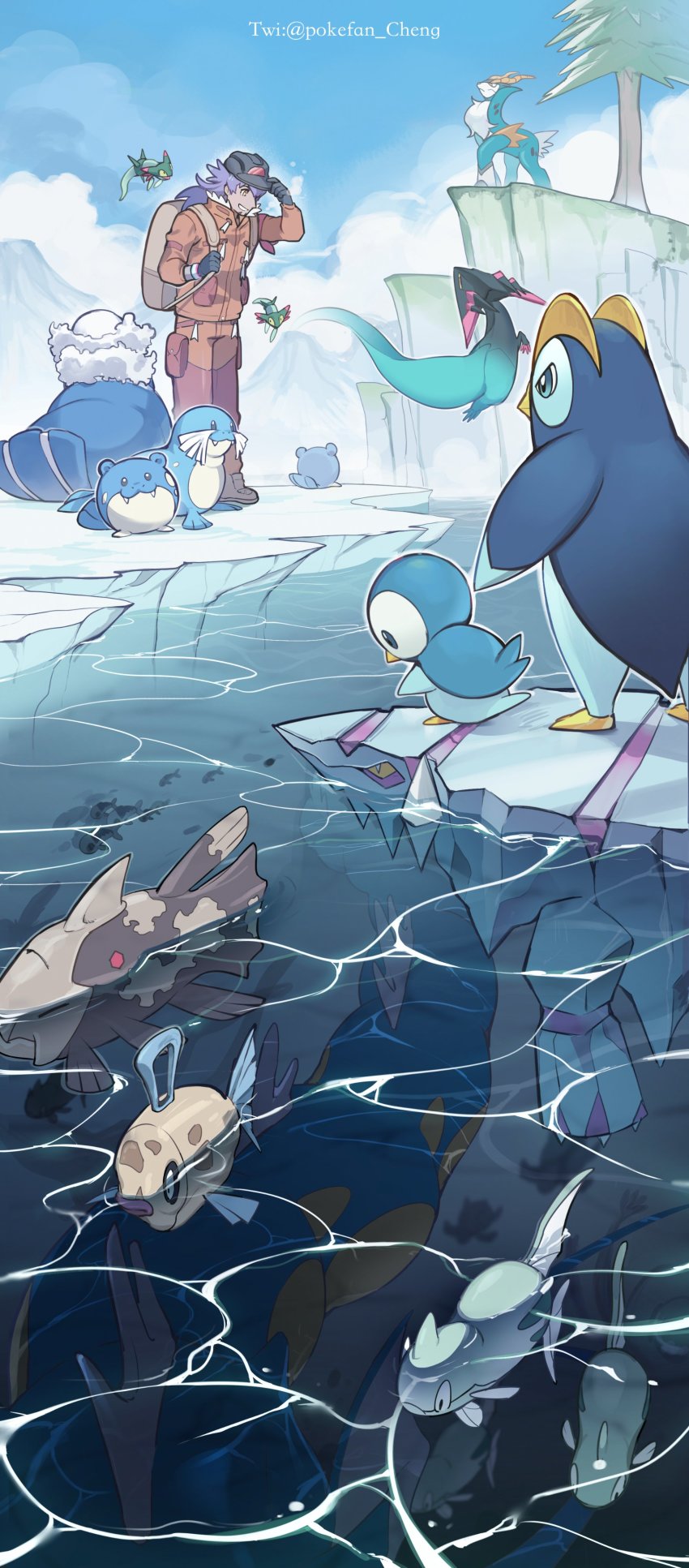 1boy absurdres avalugg backpack bag black_gloves black_headwear boots brown_footwear cobalion commentary_request dark-skinned_male dark_skin day dragapult dreepy dynamax_band expedition_uniform facial_hair feebas fish gen_1_pokemon gen_2_pokemon gen_3_pokemon gen_4_pokemon gen_5_pokemon gen_6_pokemon gen_8_pokemon gloves gyarados helmet highres holding_strap ice jacket legendary_pokemon leon_(pokemon) long_hair long_sleeves looking_down male_focus nintendo orange_jacket orange_pants outdoors pants piplup pokemon pokemon_(creature) pokemon_swsh prinplup purple_hair relicanth remoraid sealeo sky smile spheal standing tree walrein water yellow_eyes youchengyan