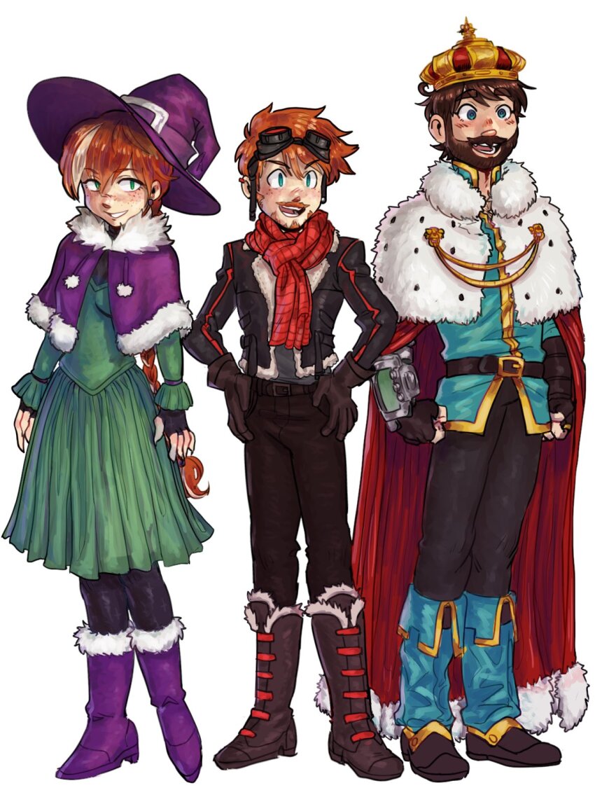 1girl 2boys adapted_costume beard blue_eyes blush boots braid brother_and_sister brown_hair cape capelet commentary crown dress empires_smp english_commentary facial_hair freckles full_body fur_trim fwhip fwhip_(count) geminitay geminitay_(wizard) goggles goggles_on_head green_dress green_eyes hands_on_own_hips hat highres jacket king long_hair minecraft_youtube multiple_boys mythicalsausage mythicalsausage_(lord) open_clothes open_jacket orange_hair oxiwan purple_capelet purple_hat red_cape red_scarf scarf short_hair siblings simple_background single_braid smile standing twins white_background witch_hat