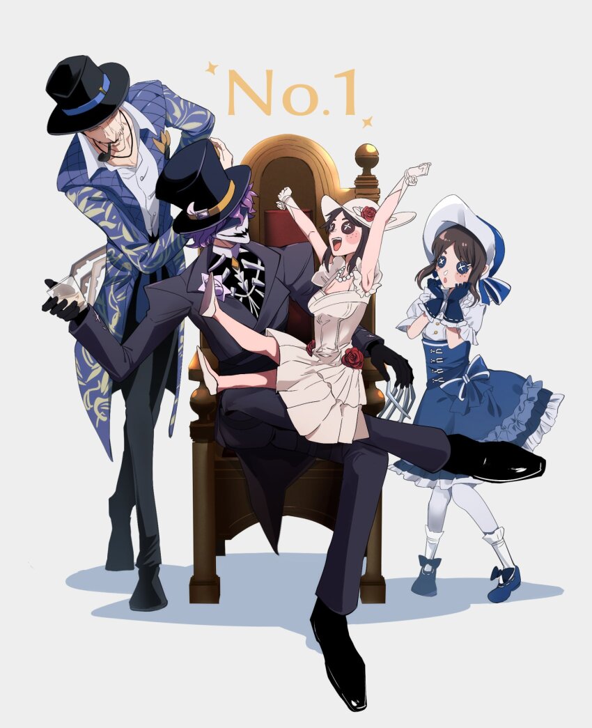 2boys 2girls :d :o arm_behind_back armchair arms_up bead_necklace beads black_footwear black_gloves black_hat black_jacket black_pants black_shirt black_suit blindfold blue_coat blue_eyes blue_footwear blue_gloves blue_skirt blush_stickers bonnet bow brown_eyes brown_hair button_eyes buttons chair claws clenched_hands coat collarbone collared_shirt crossed_legs cup dress dress_flower drinking_glass dual_persona emma_woods emma_woods_(boudoir_dream) fedora figure_four_sitting flower footwear_bow formal_clothes freckles frilled_gloves frilled_skirt frilled_sleeves frills glasgow_smile gloves hair_between_eyes hands_on_own_face hat hat_flower height_difference high-waist_skirt highres holding holding_cup identity_v imotu jack_(identity_v) jack_(svengali)_(identity_v) jacket jewelry knees_together_feet_apart lapel_pin lapels long_sleeves multiple_boys multiple_girls necklace notched_lapels official_alternate_costume open_clothes open_coat open_collar open_mouth pants pantyhose parted_bangs puffy_short_sleeves puffy_sleeves purple_hair red_flower red_rose ribbon-trimmed_gloves ribbon_trim rose shirt shoes short_hair short_sleeves sidelocks sitting sitting_on_lap sitting_on_person skirt smile smoking_pipe socks sparkle standing stitched_mouth stitches suit suit_jacket sun_hat swept_bangs teeth top_hat upper_teeth_only waist_bow watson_cross white_background white_dress white_footwear white_gloves white_hat white_pantyhose white_shirt white_socks wide_mouth wrist_flower