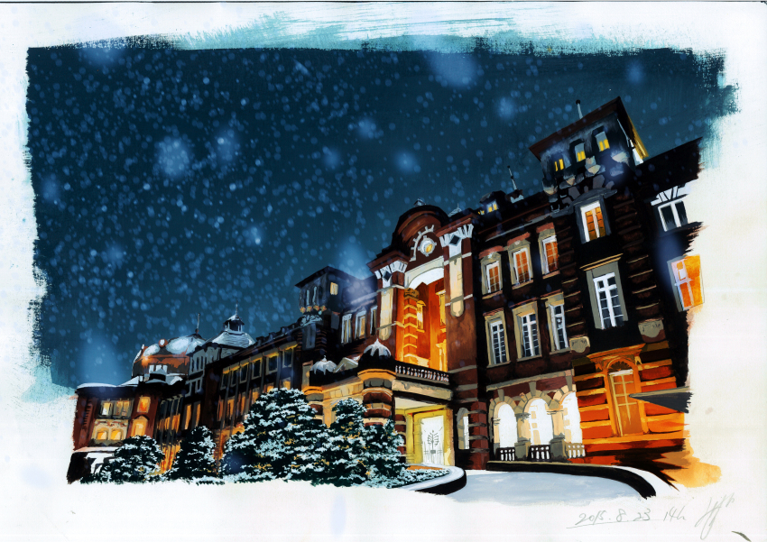 absurdres border building dated glowing_windows highres night night_sky no_humans original outdoors photoshop_(medium) real_world_location sawitou_mizuki scenery signature sky snow snowflakes snowing tokyo_station traditional_media tree white_border winter