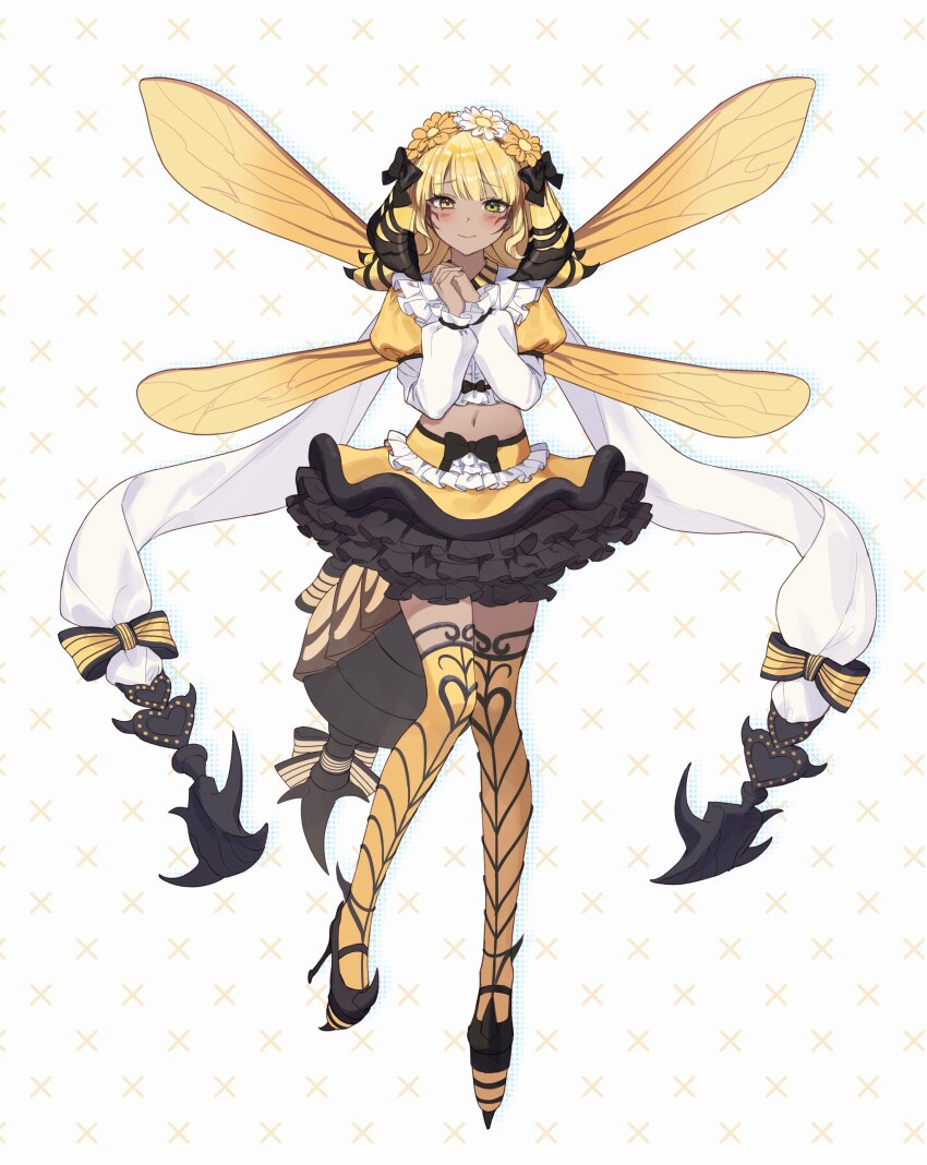 1girl absurdres arthropod_girl bee_girl bee_wings black_footwear blonde_hair blush bow facial_mark final_fantasy final_fantasy_xiv flower_wreath frilled_skirt frilled_sleeves frills full_body green_eyes hair_bow hands_up head_wreath heterochromia high_heels highres honey_b._lovely insect_girl insect_wings knees_together_feet_apart layered_skirt maru_(gobigreens) medium_hair multicolored_hair navel own_hands_clasped own_hands_together simple_background skirt smile solo stiletto_heels striped_bow tachi-e thighhighs two-tone_hair white_background wings yellow_eyes yellow_skirt yellow_thighhighs yellow_wings