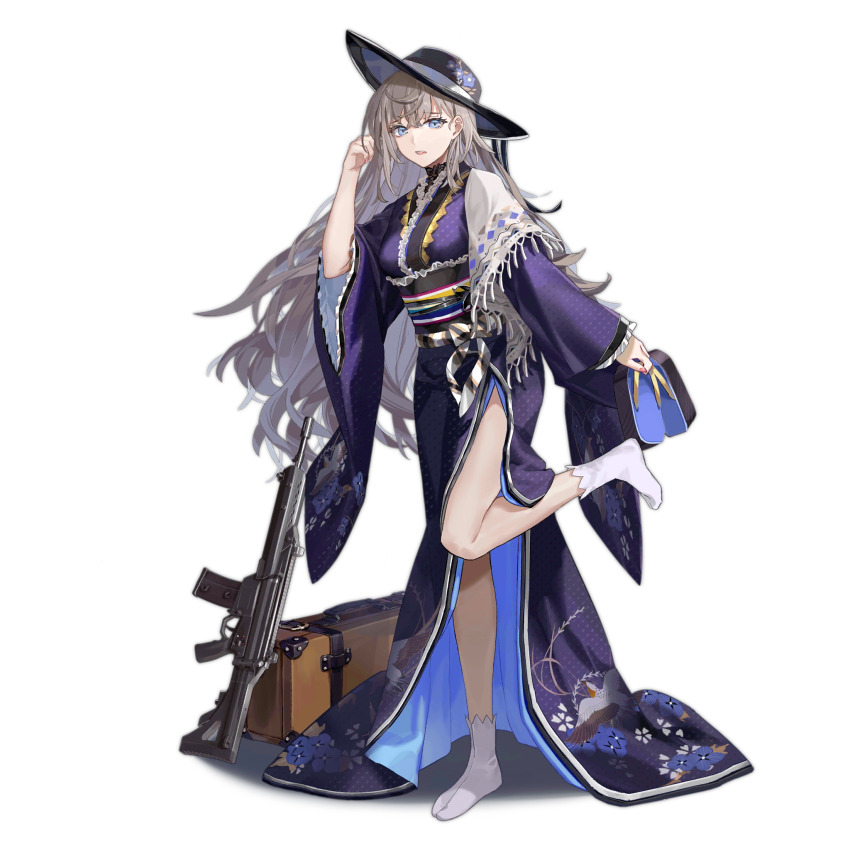 1girl adjusting_hair animal_print assault_rifle bird_print black_hat black_sash blue_eyes brown_hair fingernails floral_print floral_print_kimono full_body fx-05_(girls&#039;_frontline) fx-05_(journey_among_the_stars)_(girls&#039;_frontline) fx-05_xiuhcoatl girls&#039;_frontline gun hat highres holding holding_sandals holding_unworn_clothes japanese_clothes kimono long_hair long_sleeves looking_at_viewer miyazakisoul obi official_alternate_costume official_art okobo pink_nails platform_sandals print_headwear print_kimono purple_kimono rifle sandals sash shadow shawl simple_background smile socks solo standing standing_on_one_leg suitcase tabi third-party_source transparent_background two-sided_fabric very_long_hair weapon white_shawl white_socks wide_brim wide_sleeves