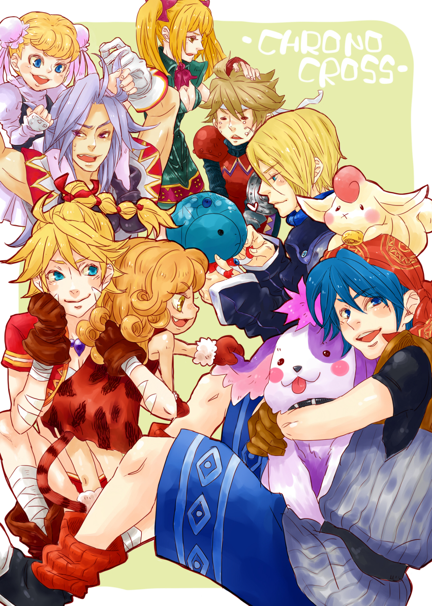3girls 6+boys absurdres aqua_eyes bad_id bad_pixiv_id bandages bandana belt blonde_hair blue_eyes blue_hair blunt_bangs braid breasts chrono_(series) chrono_cross cleavage dress fang glenn gloves high_ponytail highres hoshi_no_ko karsh kid_(chrono_cross) leah long_hair long_sleeves marcy_(chrono_cross) markings multi-tied_hair multiple_boys multiple_girls norris open_mouth orlha pip ponytail poshul purple_eyes ribbon serge_(chrono_cross) shorts silver_hair sitting smile twintails yellow_eyes