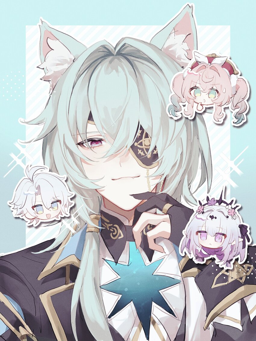 2boys 2girls absurdres anaxa_(honkai:_star_rail) aqua_hair black_jacket castorice_(honkai:_star_rail) chibi closed_mouth eyepatch fz7047 gloves hair_between_eyes highres honkai:_star_rail honkai_(series) hyacine_(honkai:_star_rail) jacket looking_at_viewer multiple_boys multiple_girls one_eye_covered open_mouth partially_fingerless_gloves phainon_(honkai:_star_rail) pink_pupils smile solo upper_body
