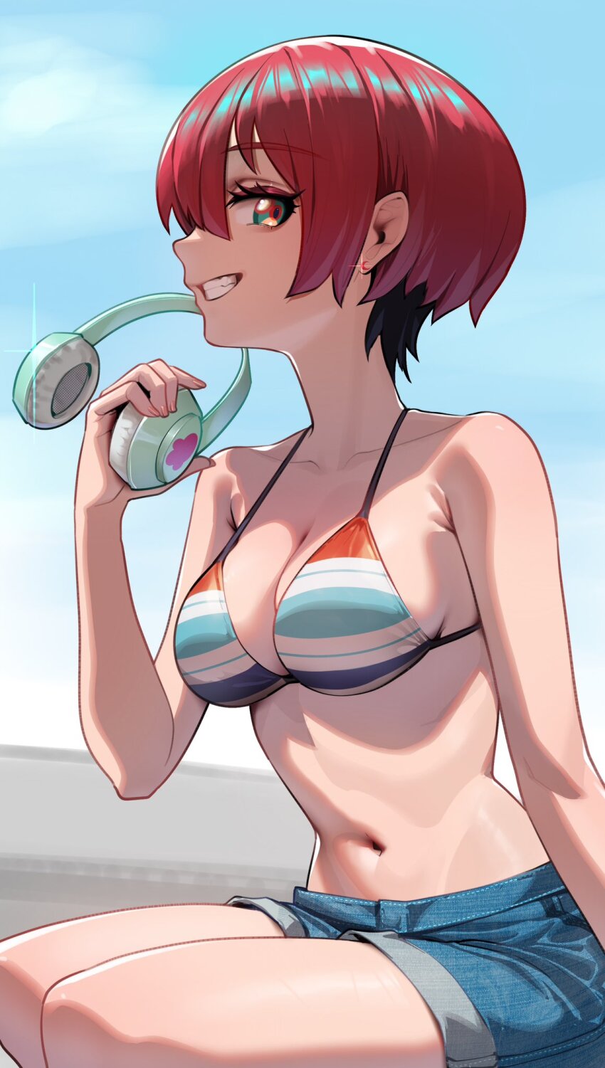 1girl amate_yuzuriha aqua_eyes bare_arms bare_shoulders bikini bikini_top_only black_hair blue_shorts blue_sky breasts cleavage commentary_request crescent crescent_earrings day denim denim_shorts earrings fingernails glint grin gundam gundam_gquuuuuux halterneck headphones headphones_removed highres holding holding_headphones jewelry large_breasts long_fingernails looking_at_viewer making-of_available multicolored_hair navel profile rakuga_kiya red_hair short_hair short_shorts shorts sideways_glance sideways_mouth sitting sky smile solo striped_bikini striped_clothes swimsuit tomboy two-tone_hair