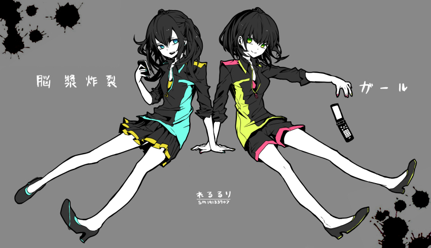 2girls black_hair blood blood_splatter blue_eyes cellphone flip_phone full_body green_eyes grey_background gumi hatsune_miku high_heels highres holding holding_phone jacket long_hair looking_at_viewer multiple_girls nail_polish noushou_sakuretsu_girl_(vocaloid) open_mouth phone pleated_skirt short_hair shorts skirt smile suzuya_(appon65122) translation_request twintails vocaloid