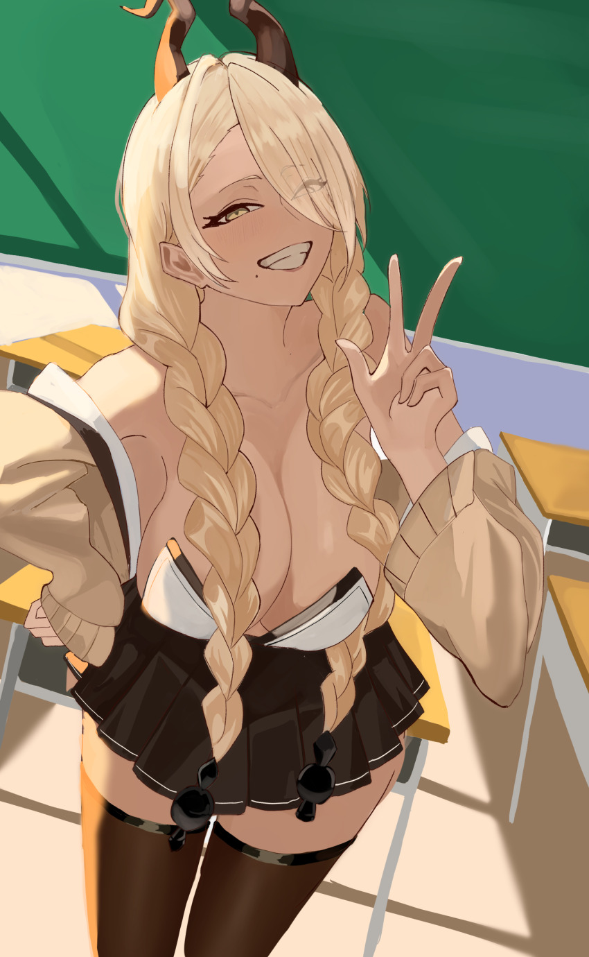 1girl absurdres azur_lane blonde_hair braid breasts brown_horns brown_skirt brown_thighhighs cardigan chair chalkboard classroom cleavage desk eyes_visible_through_hair grin hair_over_one_eye highres horns indoors large_breasts large_horns long_sleeves looking_at_viewer low_twin_braids miniskirt mole mole_under_mouth owari_(azur_lane) ribbed_cardigan school_chair school_desk skirt smile solo t4co_u thighhighs twin_braids yellow_eyes zettai_ryouiki