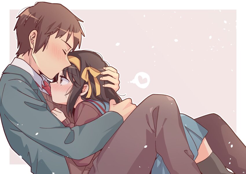 1boy 1girl black_thighhighs blazer blue_sailor_collar blue_skirt blush brown_cardigan brown_eyes brown_hair brown_pants brown_sweater_vest cardigan closed_eyes closed_mouth collared_shirt from_side green_jacket hair_ribbon hairband hetero highres hug jacket kita_high_school_uniform kyon long_sleeves medium_hair necktie open_clothes open_jacket pants red_necktie ribbon sailor_collar school_uniform serafuku shirt short_hair sitting skirt suzumiya_haruhi suzumiya_haruhi_no_yuuutsu sweater_vest taiki_(6240taiki) thighhighs white_shirt winter_uniform yellow_hairband yellow_ribbon