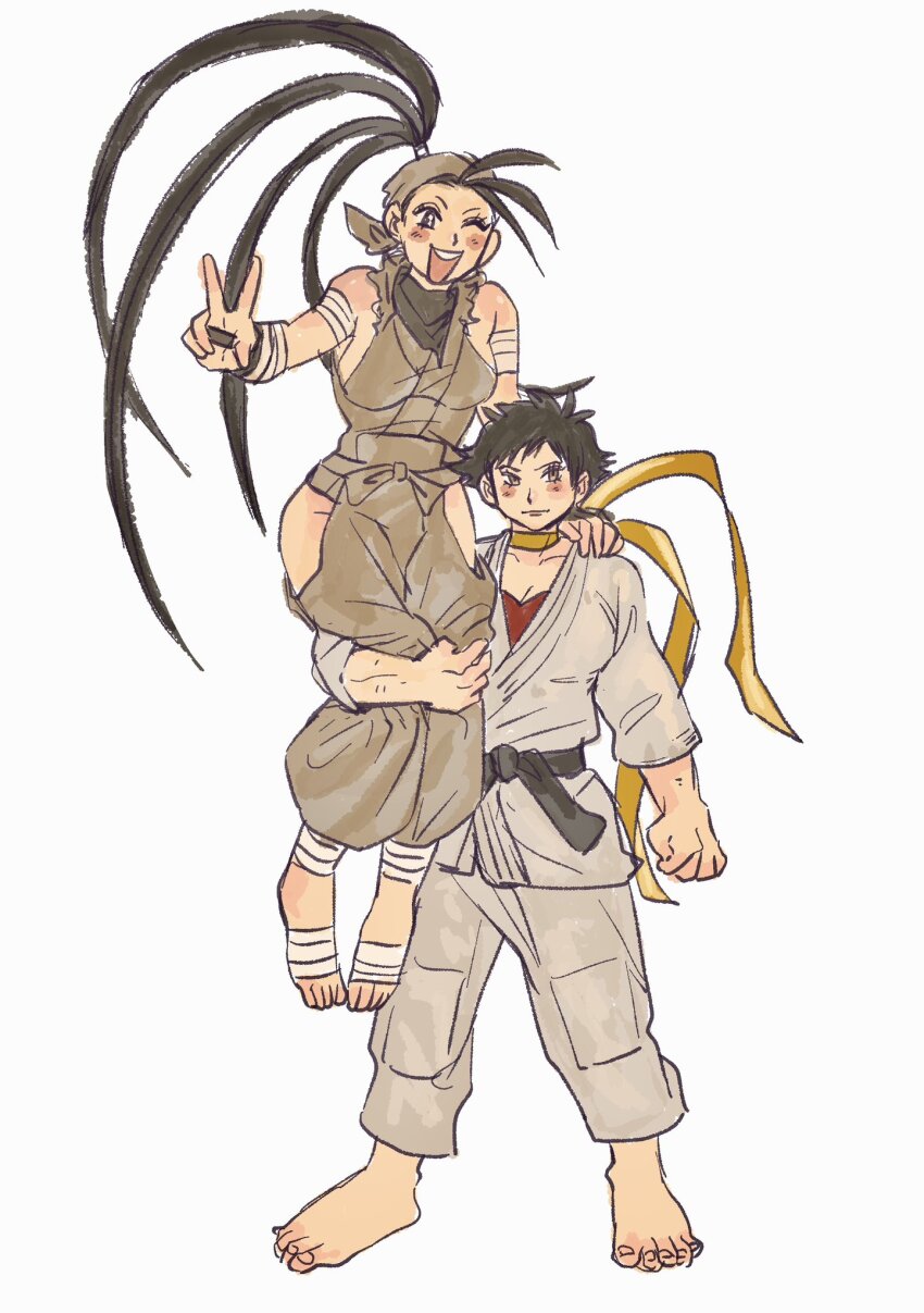 2girls appleoiwake baggy_pants bandaged_arm bandaged_leg bandages barefoot belt black_belt black_eyes black_hair blush bow bra breasts brown_eyes carrying carrying_over_shoulder carrying_person clenched_hands dougi hand_on_another&#039;s_shoulder highres hip_vent ibuki_(street_fighter) karate_gi makoto_(street_fighter) multiple_girls neck_ribbon ninja one_eye_closed pants peace_symbol ponytail red_bra ribbon scarf short_hair smile street_fighter street_fighter_iii_(series) tomboy underwear waist_bow wink yellow_ribbon