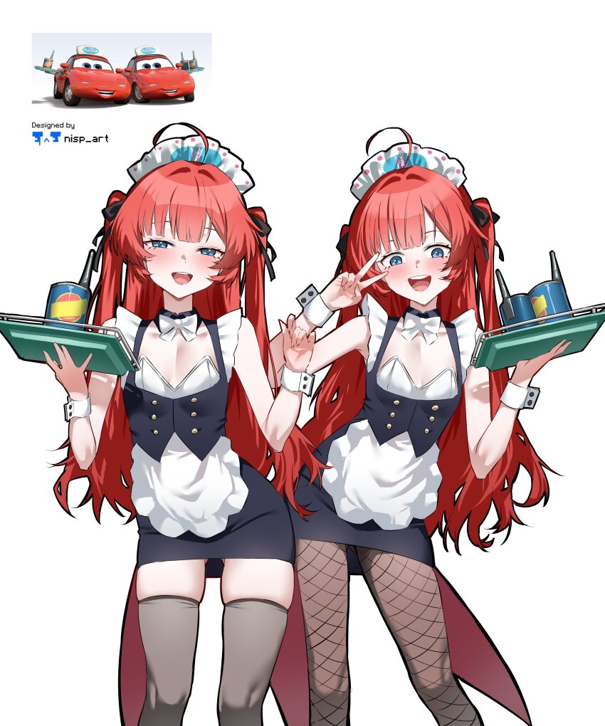 2girls absurdres ahoge apron arms_up artist_name black_dress black_outline black_ribbon bow bowtie cars_(movie) dress fishnet_pantyhose fishnets flat_chest frilled_dress frills gluteal_fold grey_thighhighs hair_intakes hair_ribbon highres holding holding_tray lightning_mcqueen long_hair looking_at_viewer maid maid_apron maid_headdress multiple_girls nisp_art oil_can open_mouth outline pantyhose personification red_hair reference_inset ribbon simple_background skindentation sleeveless sleeveless_dress smile teeth thighhighs tray two_side_up unconventional_maid upper_teeth_only v white_background white_bow white_bowtie white_headdress white_wrist_cuffs wrist_cuffs