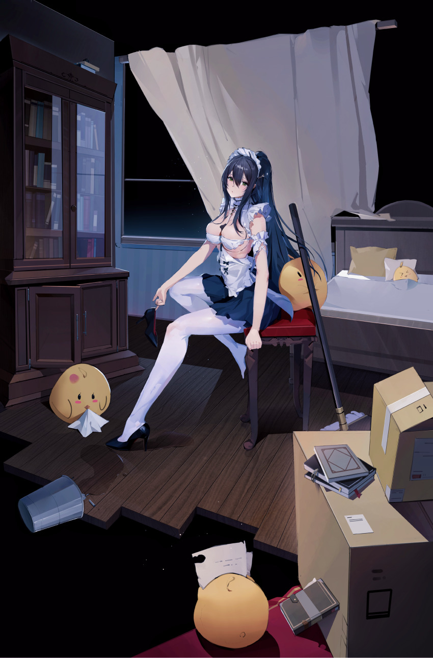 1girl absurdres awljdojao azur_lane bed black_hair black_skirt book bookshelf breasts chinese_commentary choker frilled_choker frills green_eyes hair_between_eyes highres holding holding_mop indomitable_(azur_lane) indomitable_(ms._motivationless_maid)_(azur_lane) indoors large_breasts long_hair looking_at_viewer maid maid_headdress manjuu_(azur_lane) mop official_alternate_costume pantyhose pillow skirt solo very_long_hair white_pantyhose
