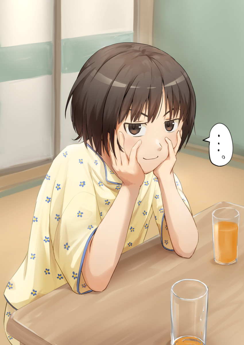 ... 1girl amagami black_eyes black_hair cup drinking_glass elbow_rest head_rest highres indoors light_smile mikawa_mikan on_floor pajamas print_pajamas short_hair sitting solo table tachibana_miya v-shaped_eyebrows yellow_pajamas