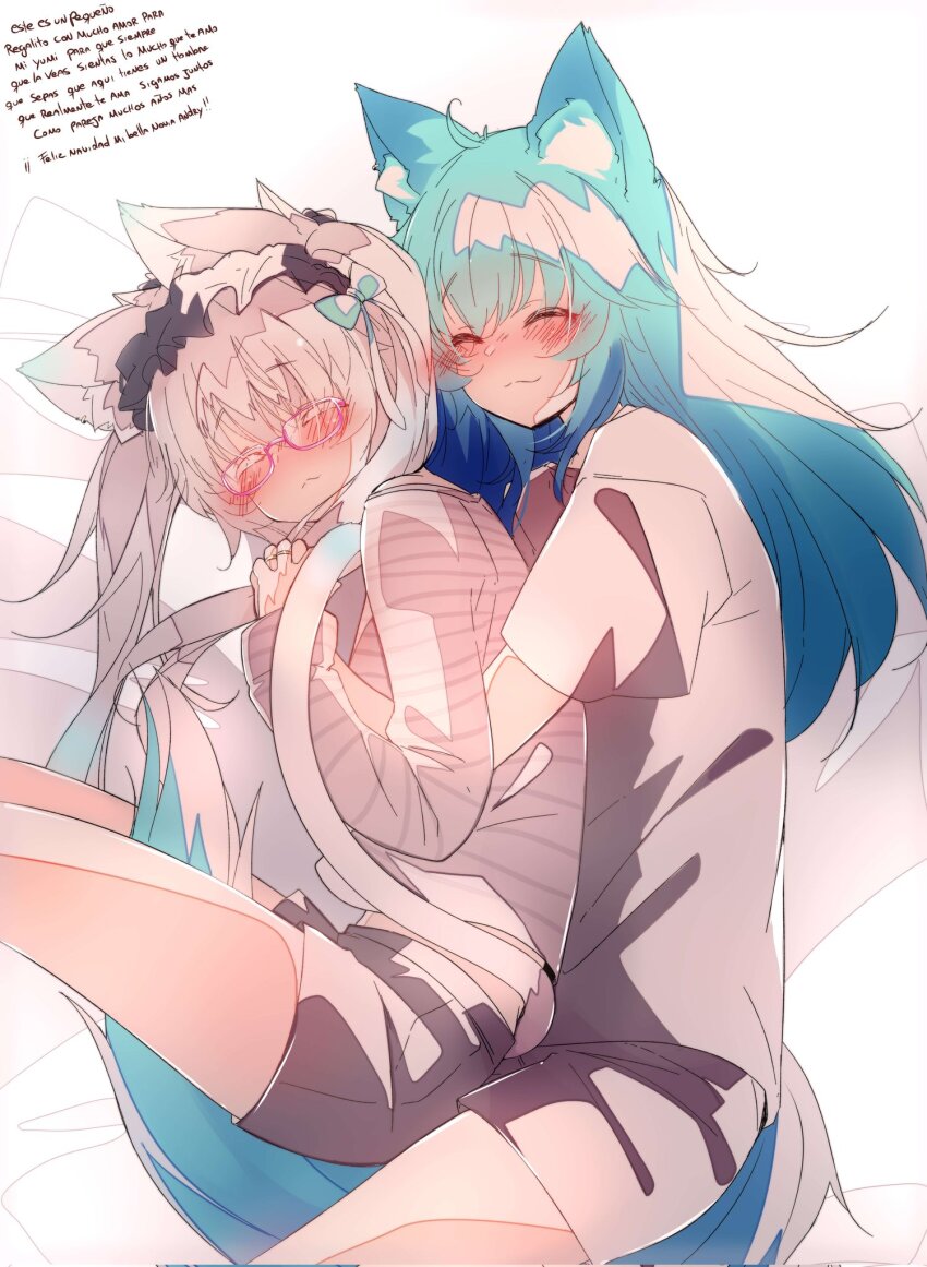 1boy 1girl :3 =_= ahoge animal_ear_fluff animal_ears black_hairband blue_bow blue_hair blush bow cat_tail closed_eyes commentary couple frilled_hairband frills glasses hair_bow hairband highres holding_hands hug hug_from_behind indie_virtual_youtuber jewelry kana616 kana_(kana616) light_blue_hair long_hair lying merry_christmas off-shoulder_shirt off_shoulder original pink-framed_eyewear ring second-party_source shirt short_shorts shorts spanish_commentary spanish_text striped_clothes striped_shirt tail translated twintails vertical-striped_clothes vertical-striped_shirt virtual_youtuber wedding_ring white_background white_hair white_shirt yumi_koburako