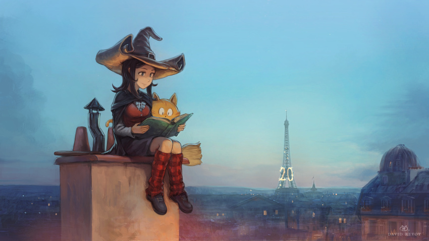 1girl 1other absurdres belt black_cape blue_eyes book book_on_lap breasts broom brown_hair brown_shoes brown_skirt building buttons cape carrot_(pepper&amp;carrot) cat center_frills checkered_leg_warmers chimney cloud collared_shirt david_revoy eiffel_tower frilled_shirt frills hair_behind_ear hat highres leg_warmers long_sleeves miniskirt orange_cat outdoors pepper&amp;carrot pepper_(pepper&amp;carrot) reading red_leg_warmers red_vest scenery shirt shoelaces shoes sidelocks sitting skirt smile vest white_shirt window witch_hat