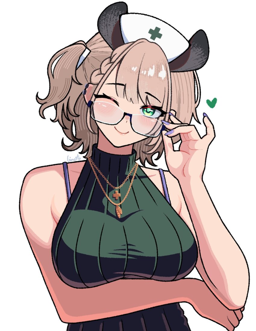 animal_ears arm_under_breasts armpit_crease blunt_bangs bra_strap breasts chain chain_necklace ginotty glasses green_eyes green_sweater hand_up hat highres indie_virtual_youtuber jewelry large_breasts looking_at_viewer nail_polish necklace nimi_nightmare nurse_cap one_eye_closed one_side_up purple_nails semi-rimless_eyewear sleeveless sleeveless_sweater sweater tapir_ears tapir_girl white_background