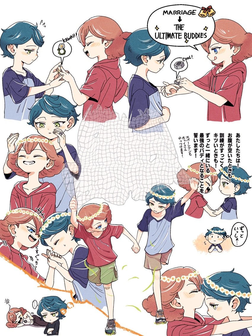 ... 2girls aged_down blue_eyes blue_hair child closed_eyes cropped_torso english_text eye_contact fang green_eyes grin gundam gundam_suisei_no_majo head_wreath highres holding_hands hood hoodie kiss kissing_forehead kissing_hand licking_lips looking_at_another marriage_proposal multiple_girls mutsunohinan norea_du_noc nut_(hardware) orange_hair remembering running scratching_stomach shirt shoes short_hair shorts simple_background smile sneakers sophie_pulone speech_bubble spoken_ellipsis t-shirt tongue tongue_out translation_request white_background yuri
