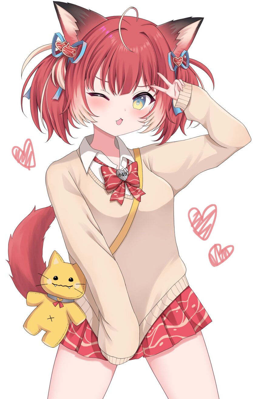 1girl ;d akami_karubi animal_bag animal_ears bag blue_eyes bow bowtie brown_sweater cat_bag cat_ears cat_girl cat_tail clothes_tug fang highres indie_virtual_youtuber light_brown_hair long_sleeves looking_at_viewer minami_(minami_summer) miniskirt multicolored_eyes multicolored_hair one_eye_closed open_mouth pleated_skirt red_hair red_skirt short_twintails shoulder_bag skirt smile sweater sweater_tug tail twintails two-tone_eyes two-tone_hair v virtual_youtuber yellow_bag yellow_eyes