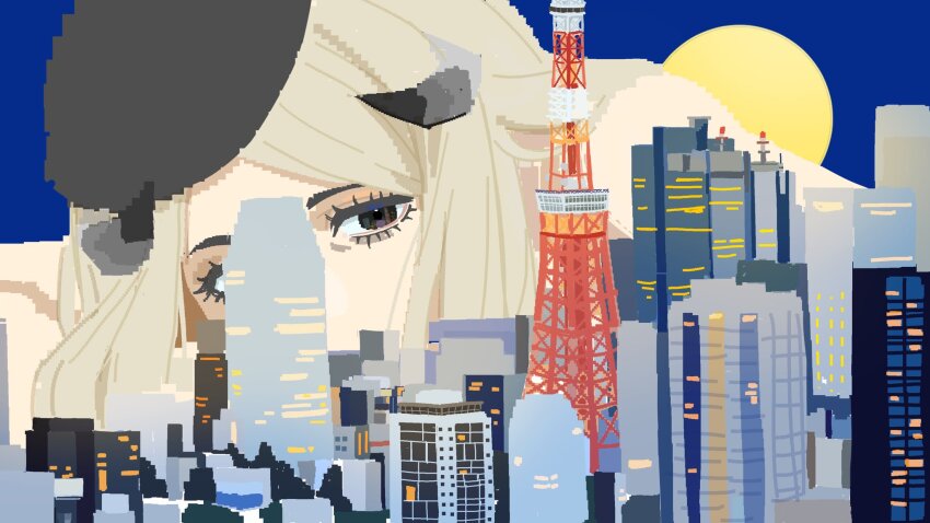 1boy beret black_eyes blonde_hair blue_background city covered_mouth elmakagetsu eye_reflection giant grey_hat hat highres long_hair male_focus metaphor:_refantazio more_(metaphor:_refantazio) reflection solo spoilers tokyo_(city) tokyo_tower